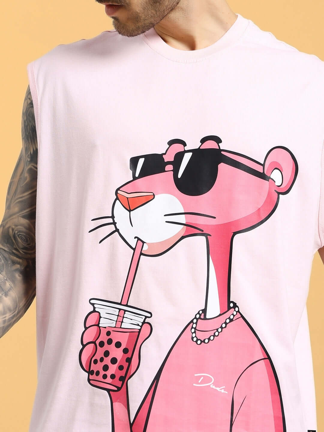 JUST CHILL PINK PANTHER PRINTED T-SHIRT PINK with animated cat sipping drink design, ideal for casual wear