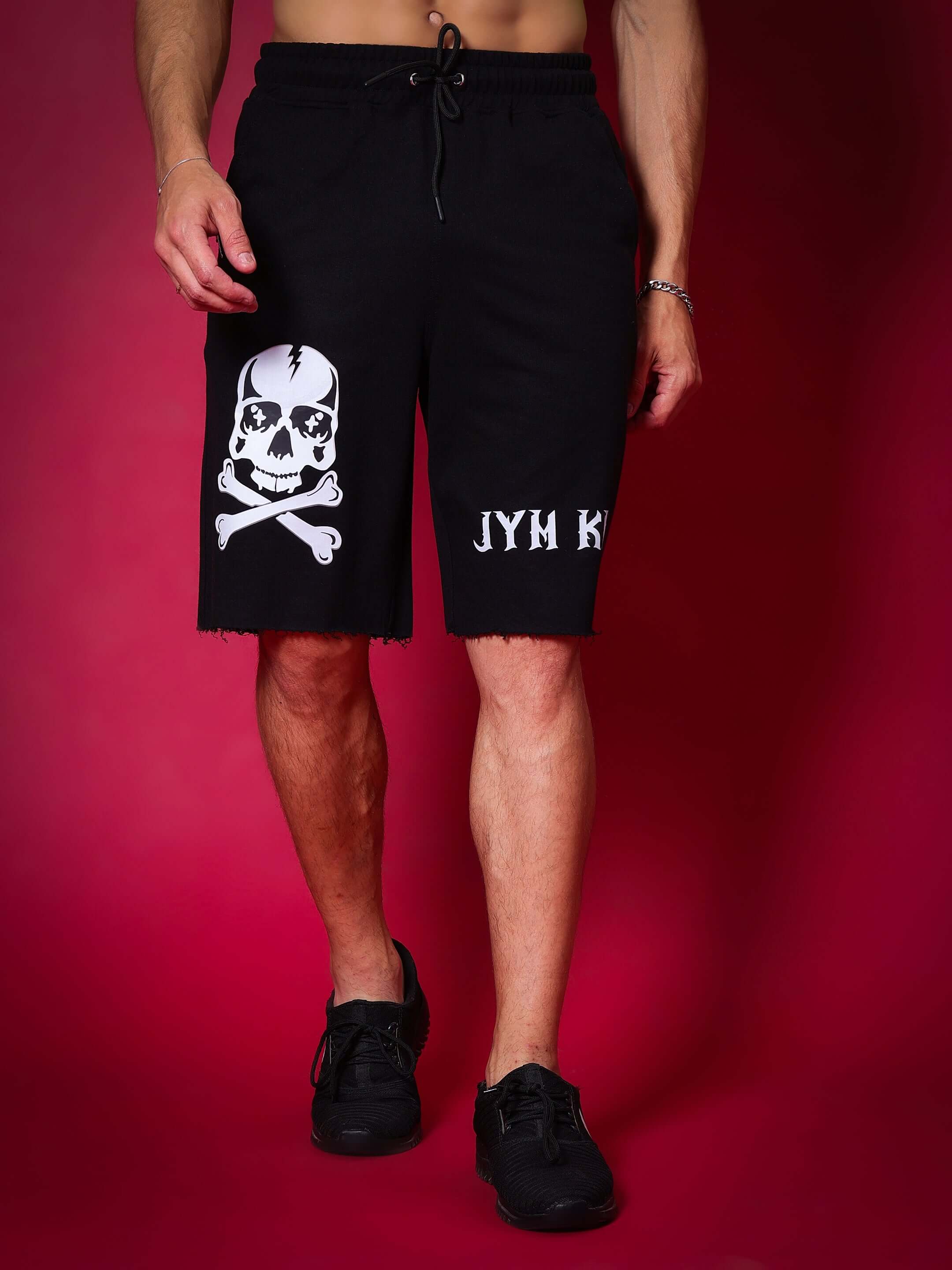JYM KING black regular fit shorts featuring skull design, suitable for custom fitting and available for prepaid orders.