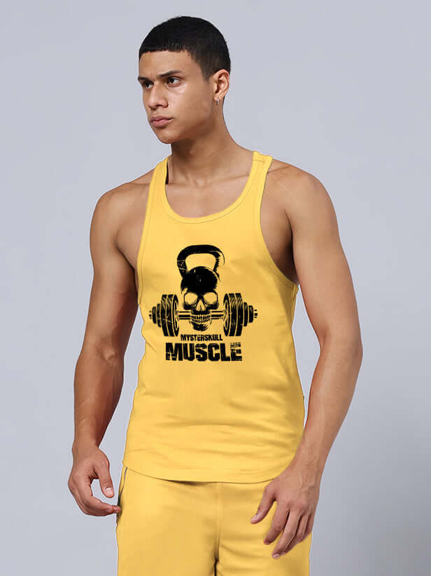 KETTLEBELL SKULL PRINTED GYM T-SHIRT YELLOW men's tank top with skull design, perfect for workouts, customizable fit available