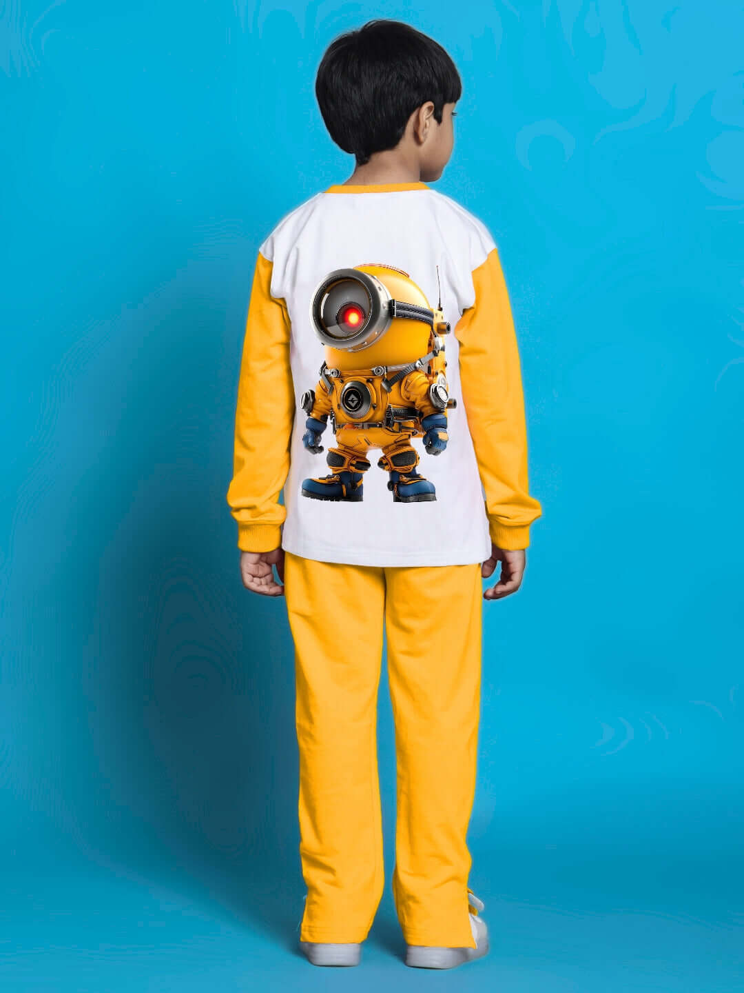 Back view of child wearing KEVIN SWEATSHIRT FOR BOYS GIRLS WHITE YELLOW with robot design, showcasing fun and colorful fashion.