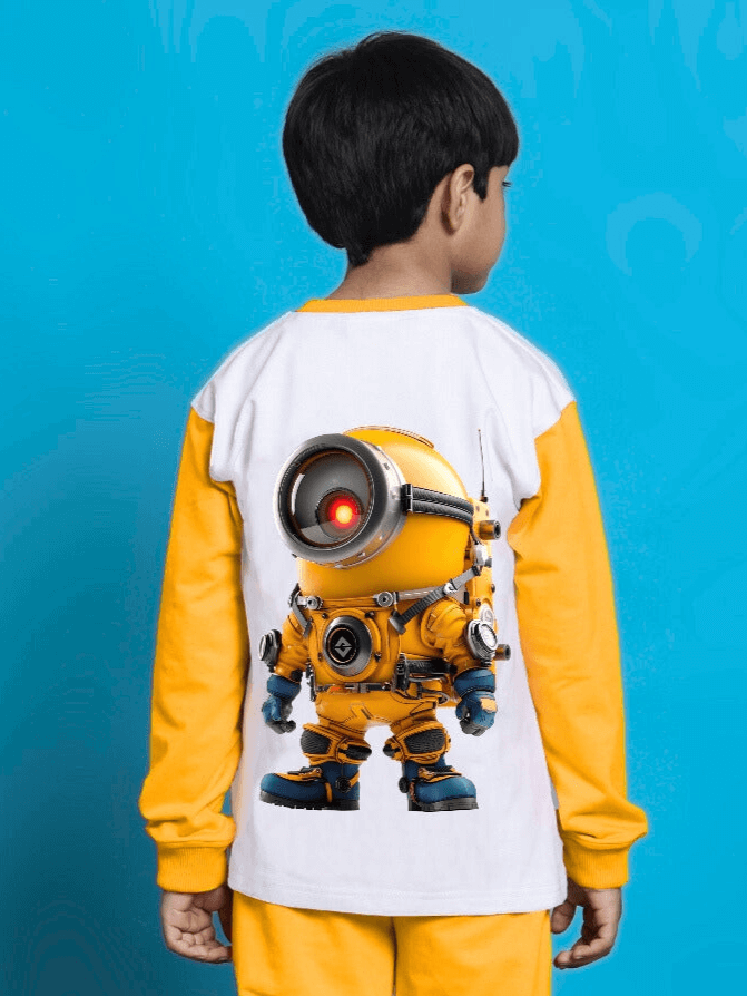 Child wearing white-yellow Kevin sweatshirt with robotic design, back view. Premium cotton fabric, suitable for boys and girls.