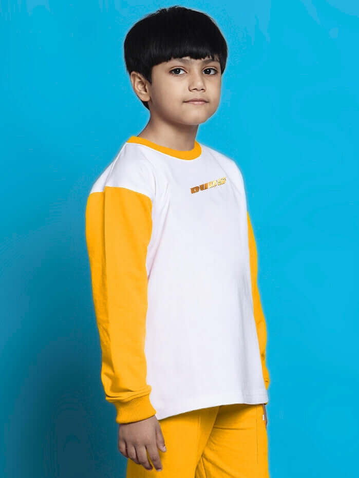 Child wearing KEVIN SWEATSHIRT FOR BOYS GIRLS WHITE YELLOW against blue background, showcasing colorful and comfortable fashion style.