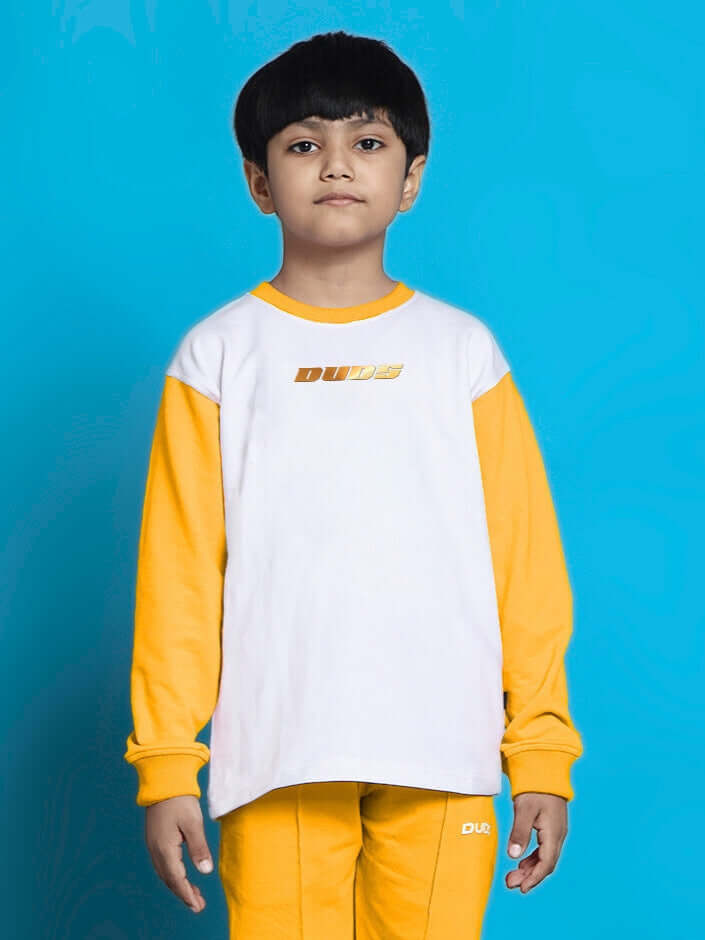 Kid wearing a white-yellow Kevin sweatshirt for boys & girls, made of premium cotton fabric. Ideal for stylish and comfortable wear.