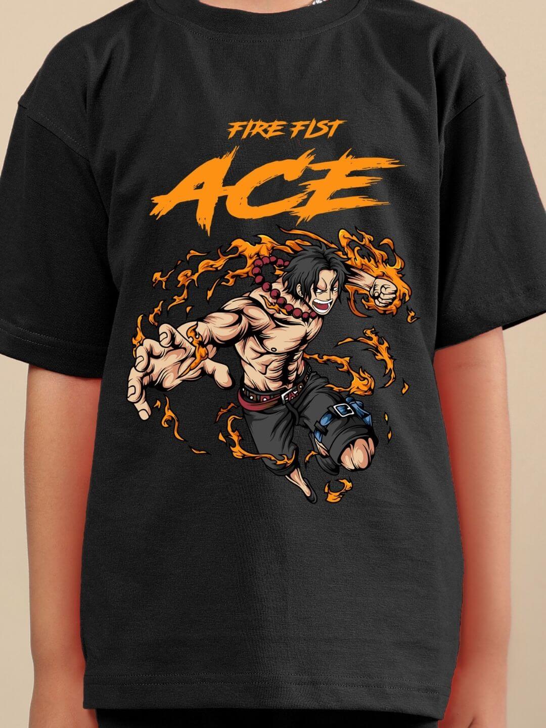 Black t-shirt with animated character design titled 'Fire Fist Ace' for kids.