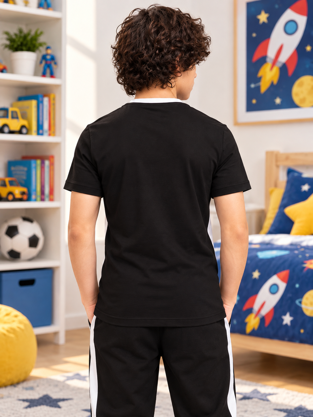 Kids Grey Black Angular Regular Fit T-Shirt back view styled with black joggers in a playful bedroom