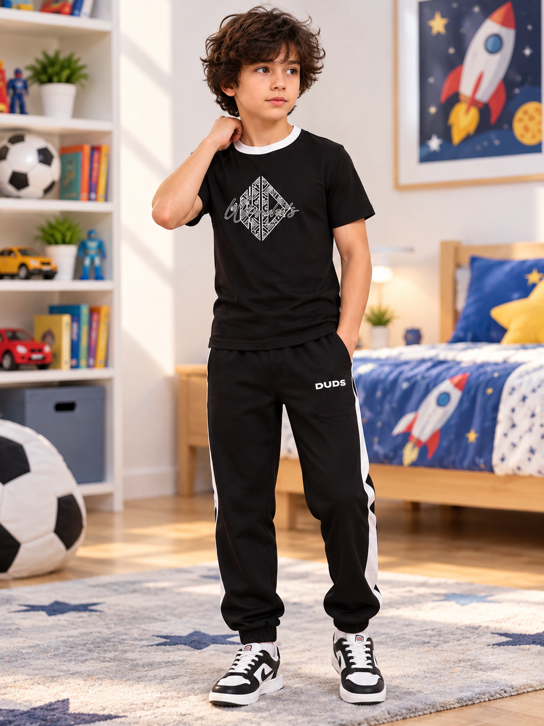 Kids Grey Black Angular Regular Fit T-Shirt worn by boy with matching joggers in bedroom setting