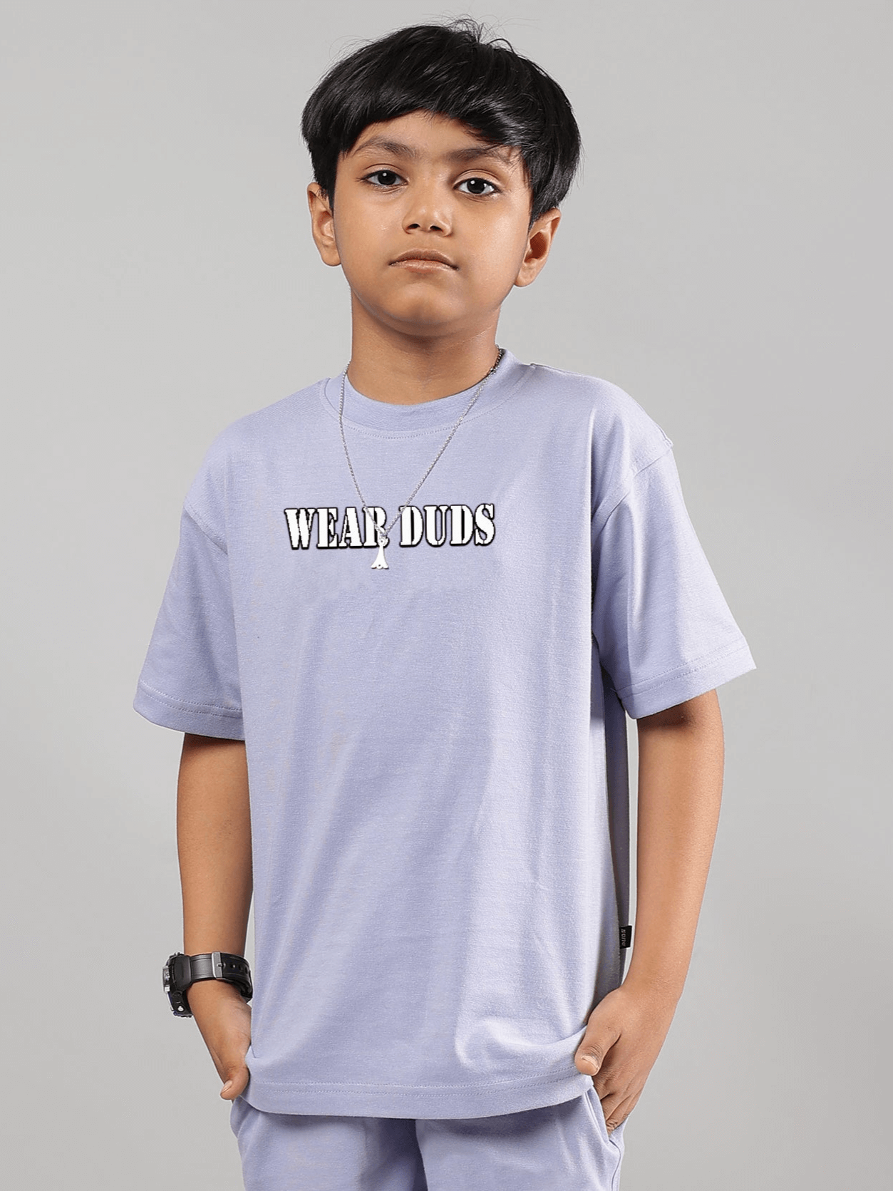 Boy wearing lilac 'Rapper Bunny' T-shirt by DUDS; ideal for boys and girls. Made-to-order with custom sizing option available.