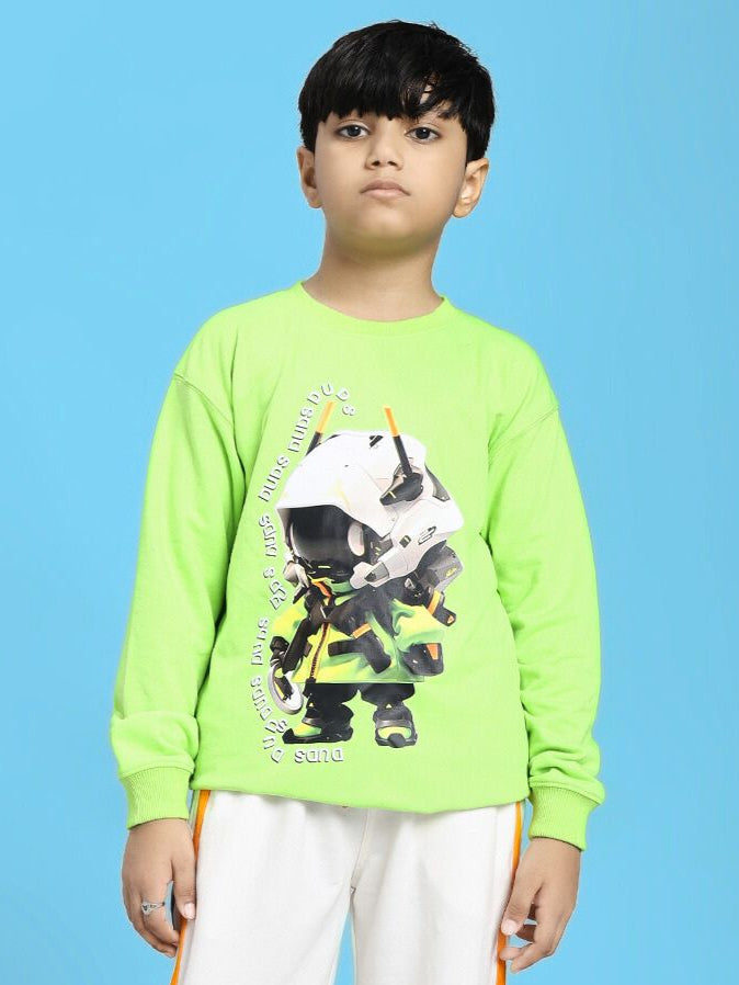 Boy wearing the MINI ROBOTICS SWEATSHIRT FOR BOYS AND GIRLS NEON GREEN with futuristic design