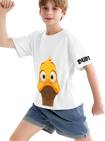 Child wearing DUCK FACE T-SHIRT FOR BOYS AND GIRLS WHITE with cartoon duck design, arm raised, casual denim shorts.