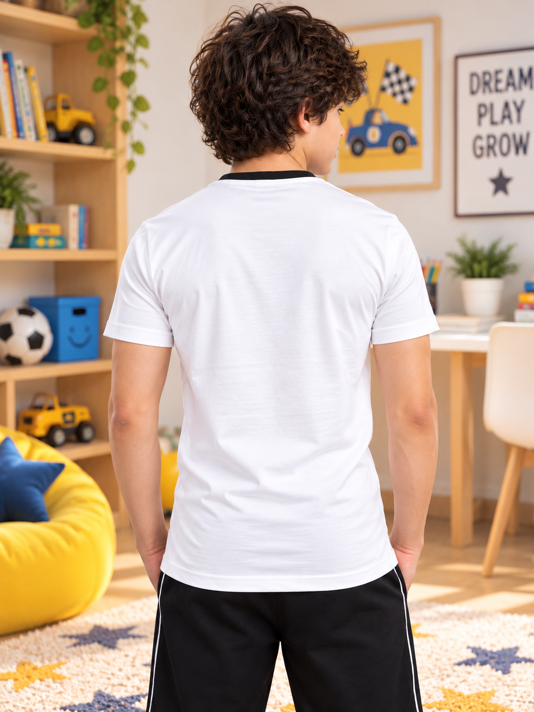 Kids White Eagle Wings Regular Fit T-Shirt back view styled casually in a playful kids room setting