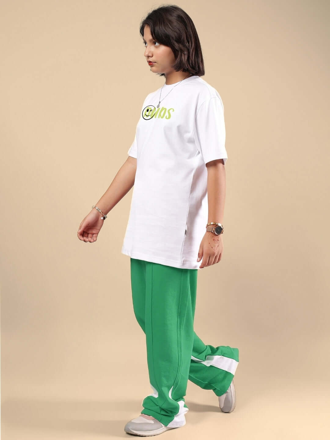 Cozy casual look with JUST WANNA BE CO-ORD FOR BOYS & GIRLS WHITE-GREEN, featuring a white top and green pants, ideal for comfort and style.