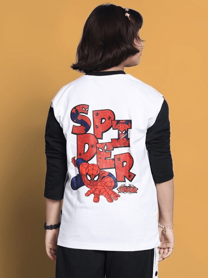 Child wearing white oversized sweatshirt with Spider-Man graphics on back, ideal for boys and girls, custom fit option available.