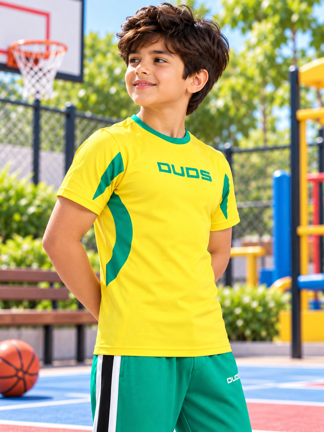 Kids Yellow Jumpy Regular Fit T-Shirt worn by a boy at a basketball court, paired with green shorts for a sporty casual look