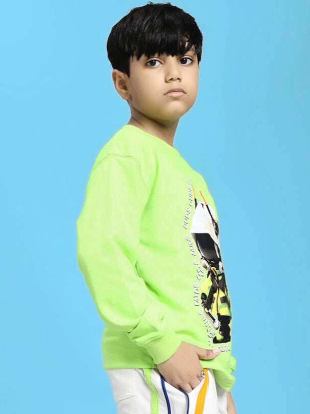 MINI ROBOTICS SWEATSHIRT FOR BOYS AND GIRLS NEON GREEN, trendy kids clothing, futuristic design