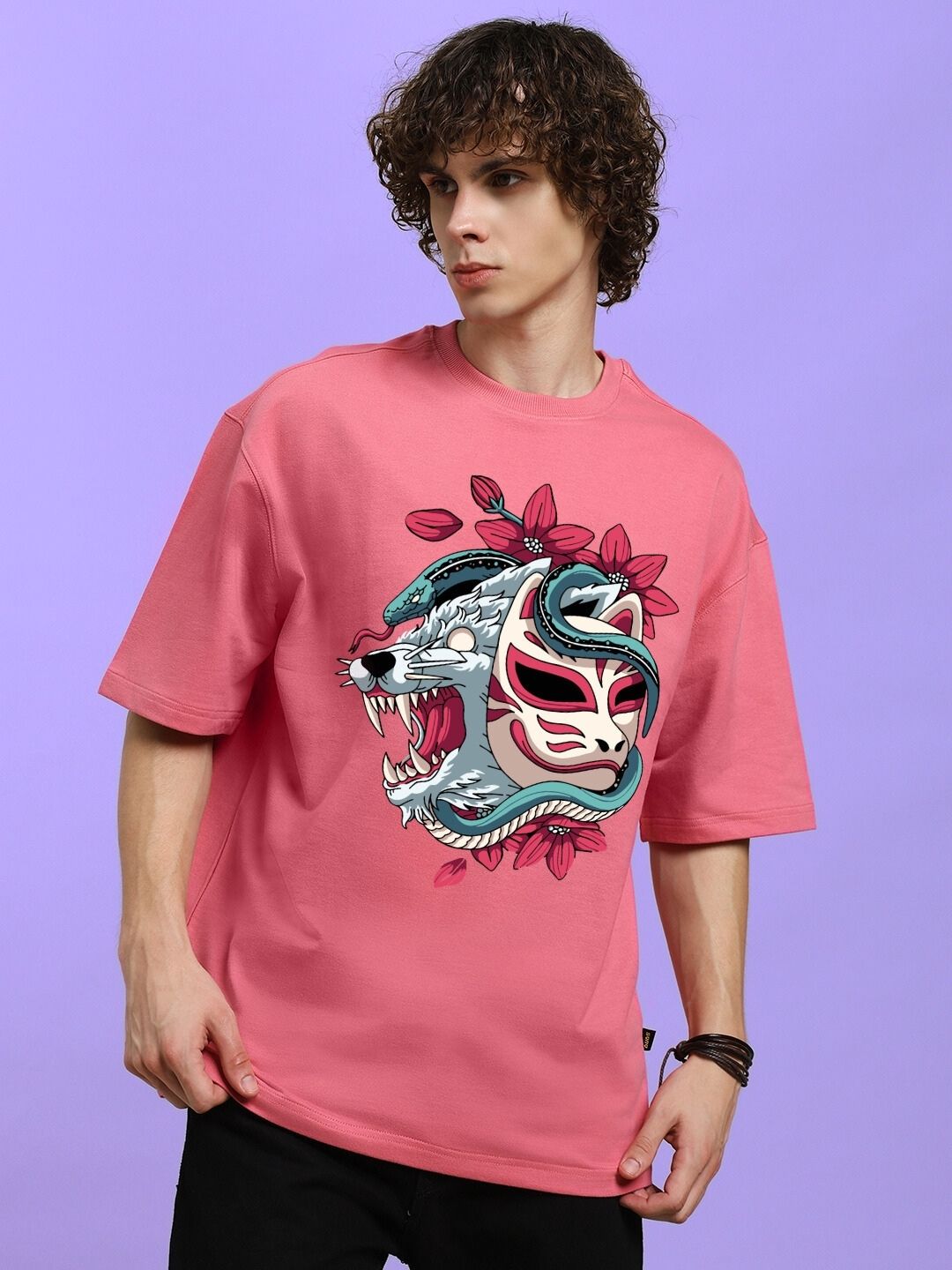 KITSUNE WOLF PRINTED OVERSIZED T-SHIRT PINK with bold wolf motif, Japanese-inspired design, featuring soft blush-pink hue and oversized fit.