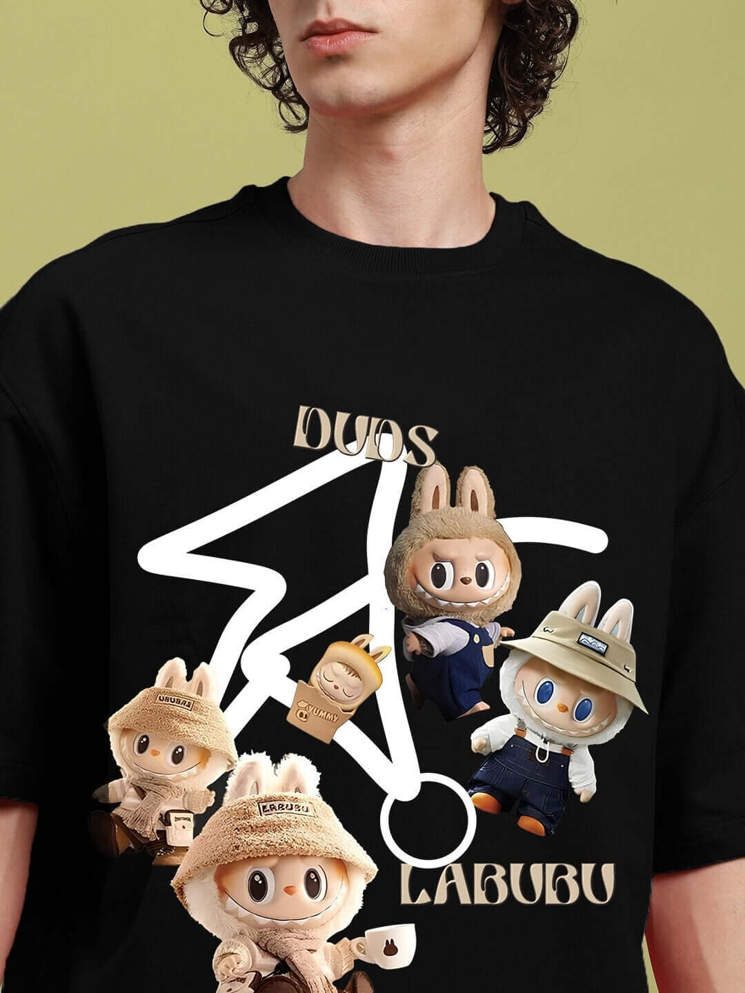 LABUBU GANG PRINTED OVERSIZED T-SHIRT BLACK with graphic character prints and relaxed fit for trendy street style fashion.