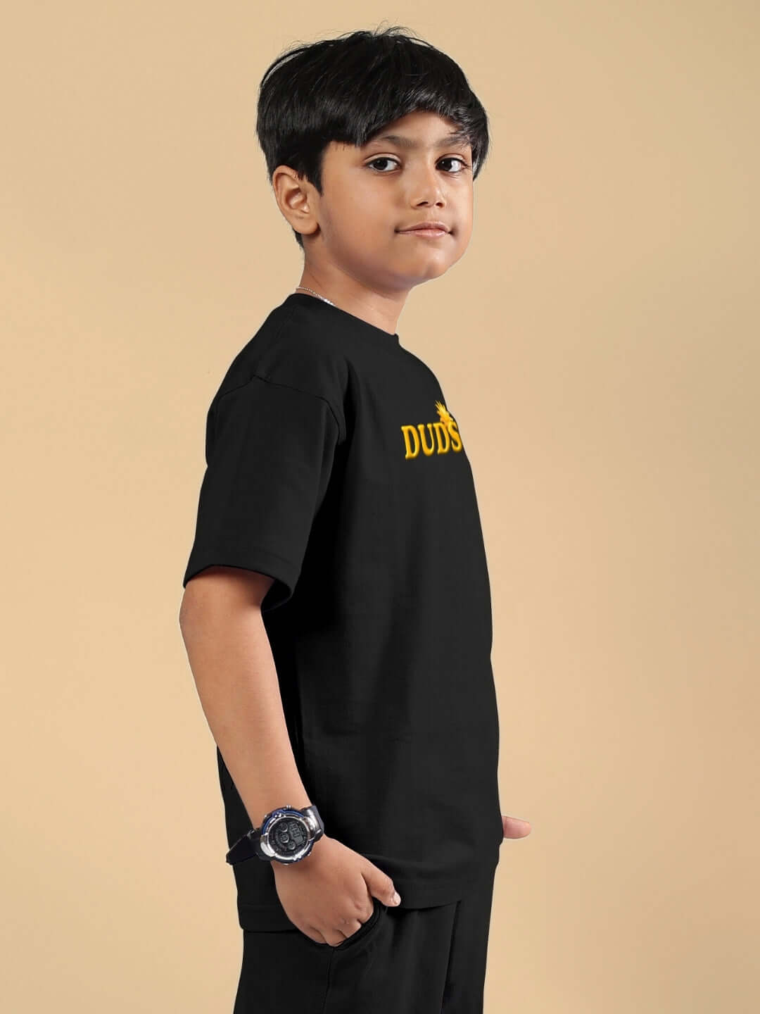 Young boy wearing LABUBU MONSTERS T-SHIRT FOR BOYS GIRLS BLACK, showcasing playful monster design on comfortable cotton fabric for kids.