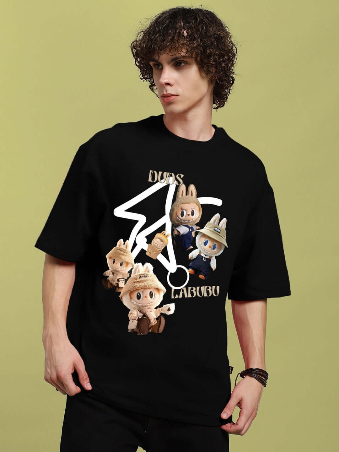 Model wearing LABUBU GANG printed oversized black t-shirt made from premium cotton French terry, designed by Color By Colours.