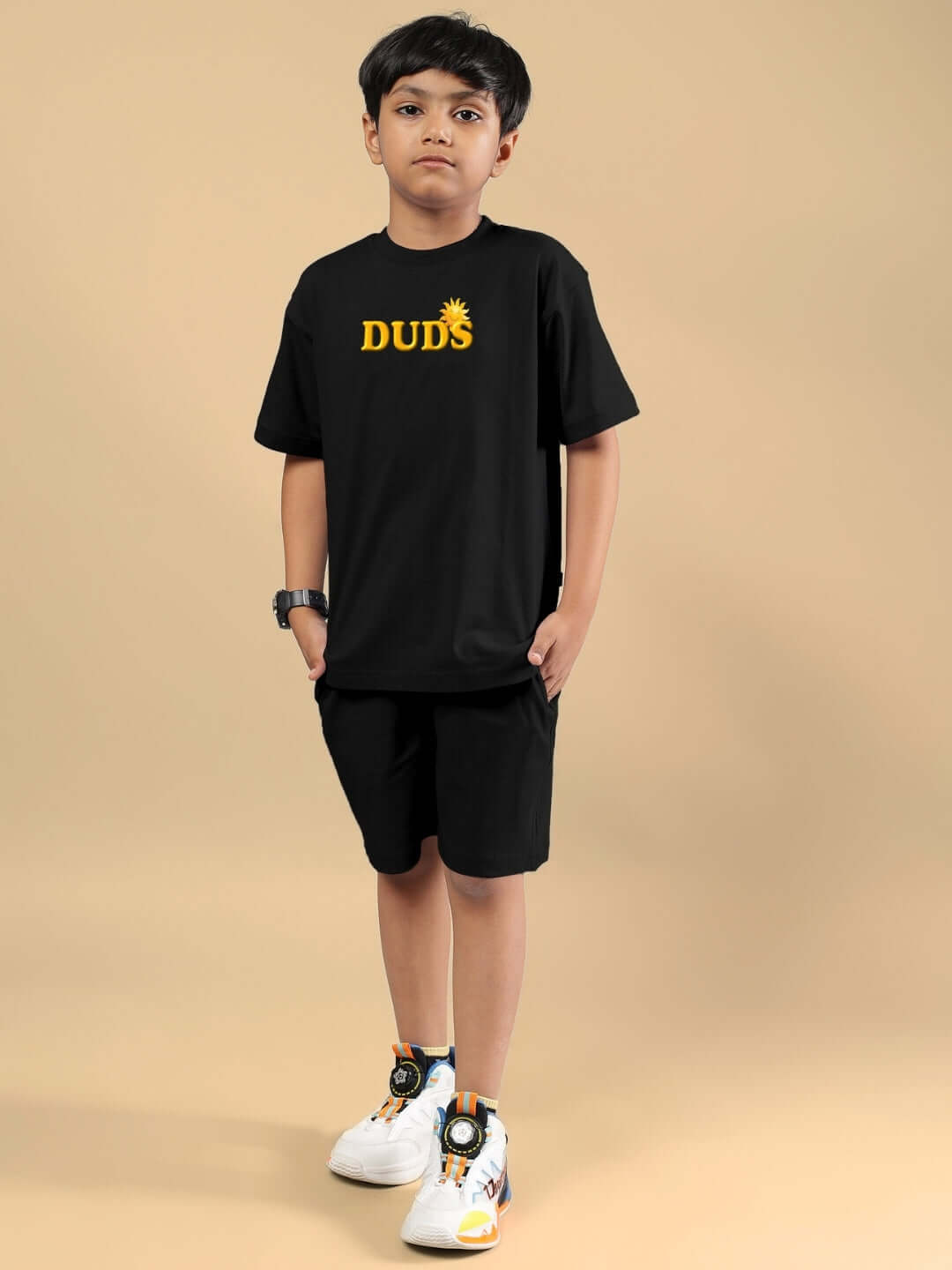 LABUBU Monsters black co-ord set for boys and girls by DUDS, featuring a t-shirt and shorts, custom fit options available, made to order.