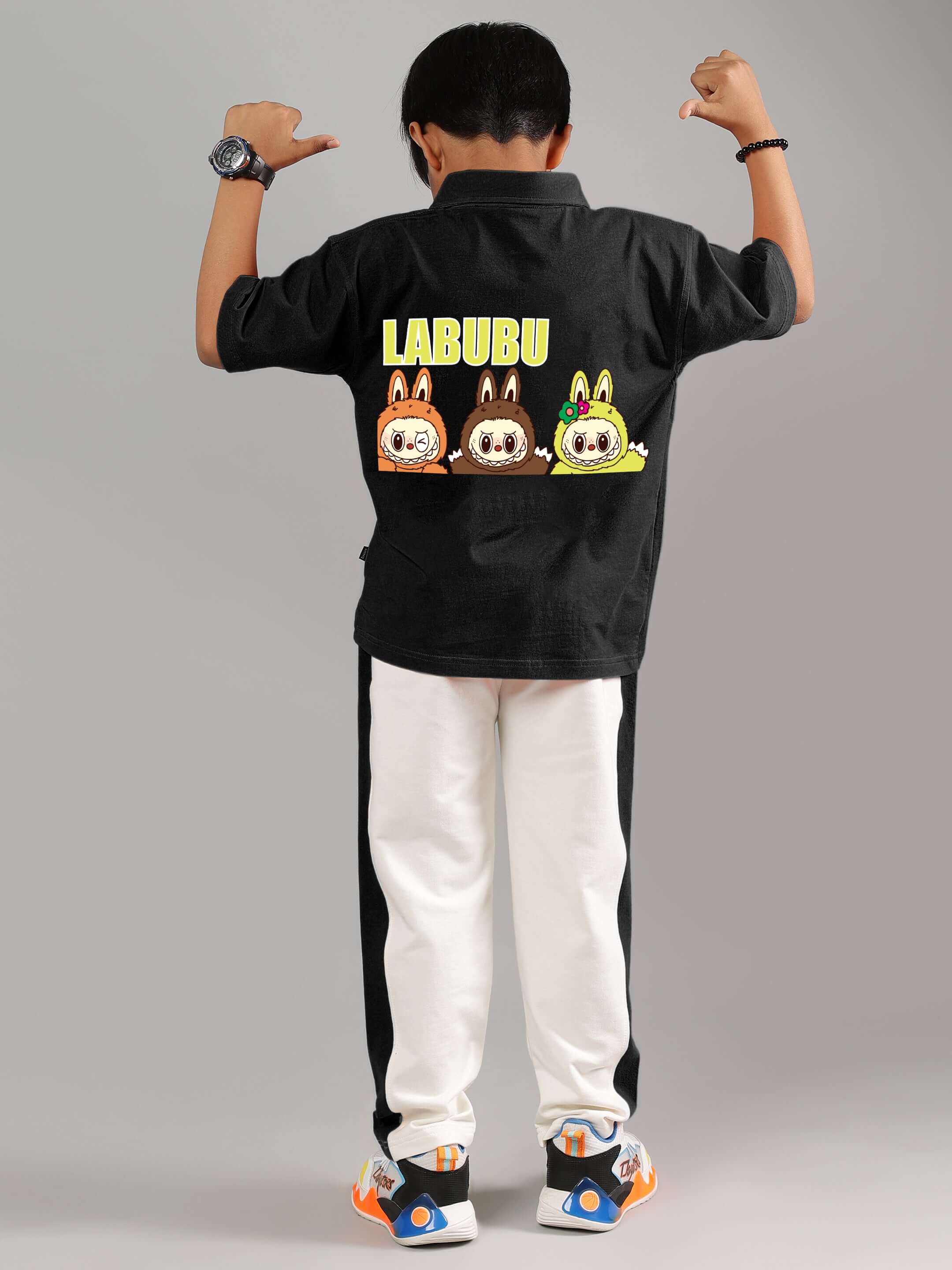 LABUBU MYSTERY CO-ORD FOR BOYS GIRLS BLACK-OFF-WHITE, showing child from the back wearing black and white outfit with cartoon design.