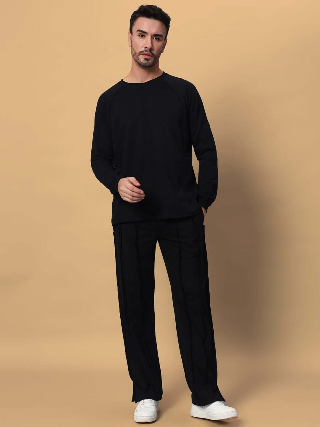 LAMINA oversized black co-ord set featuring unisex relaxed fit joggers and top, premium cotton, elastic waistband, India origin