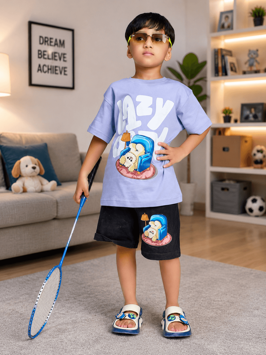 A child wearing LAZY DAY COOL SHORTS FOR BOYS GIRLS BLACK with a fun graphic tee and sunglasses, holding a badminton racket.