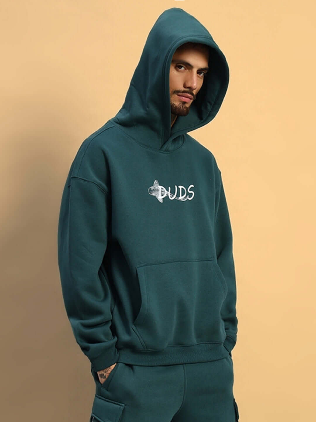 LEOPARD SHARK FLEECE HOODIE TEAL GREEN worn by model