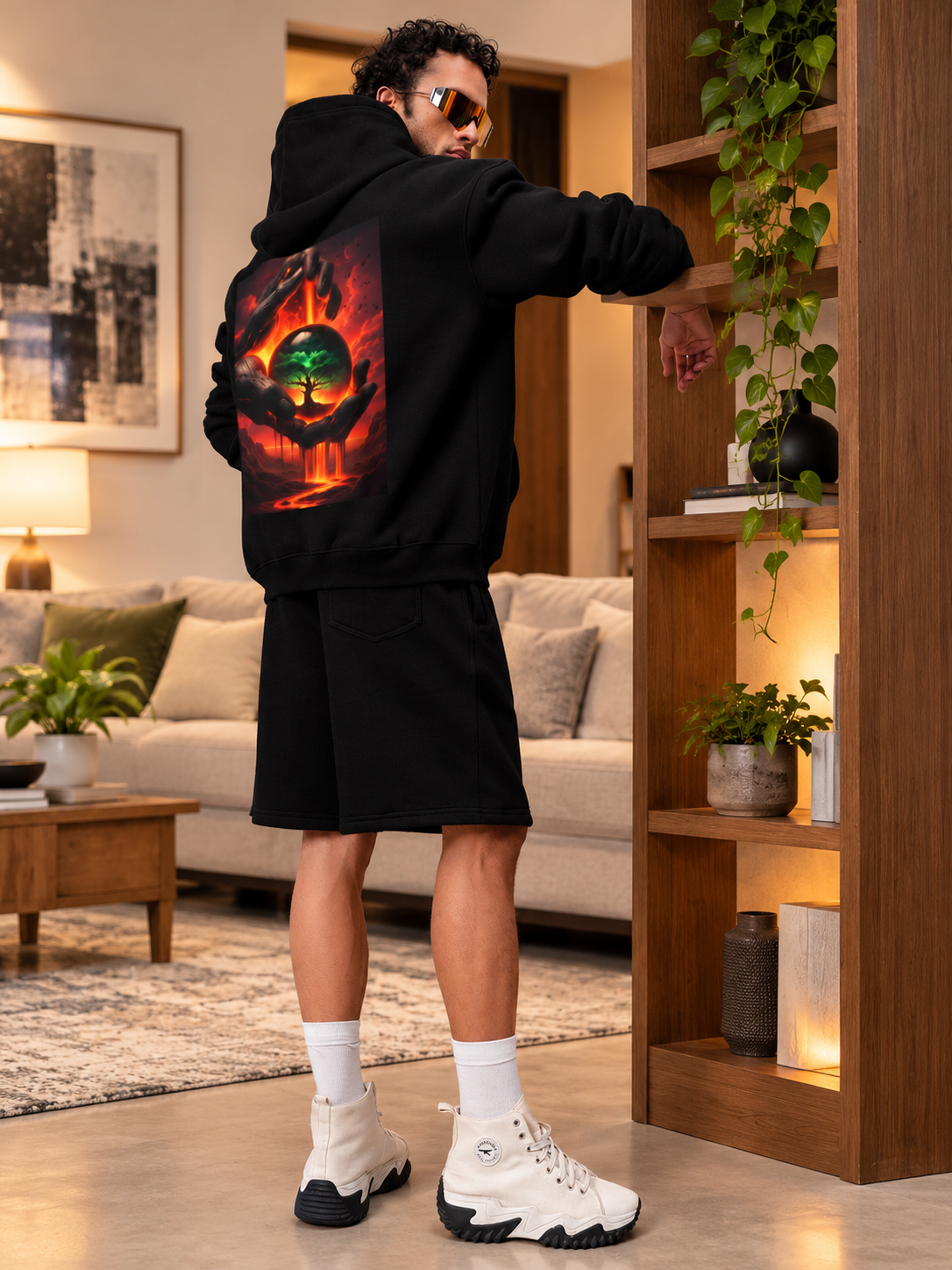 LIFE IN THE CRUCIBLE PRINTED FLEECE CO-ORD BLACK streetwear hoodie and shorts set worn by a stylish man
