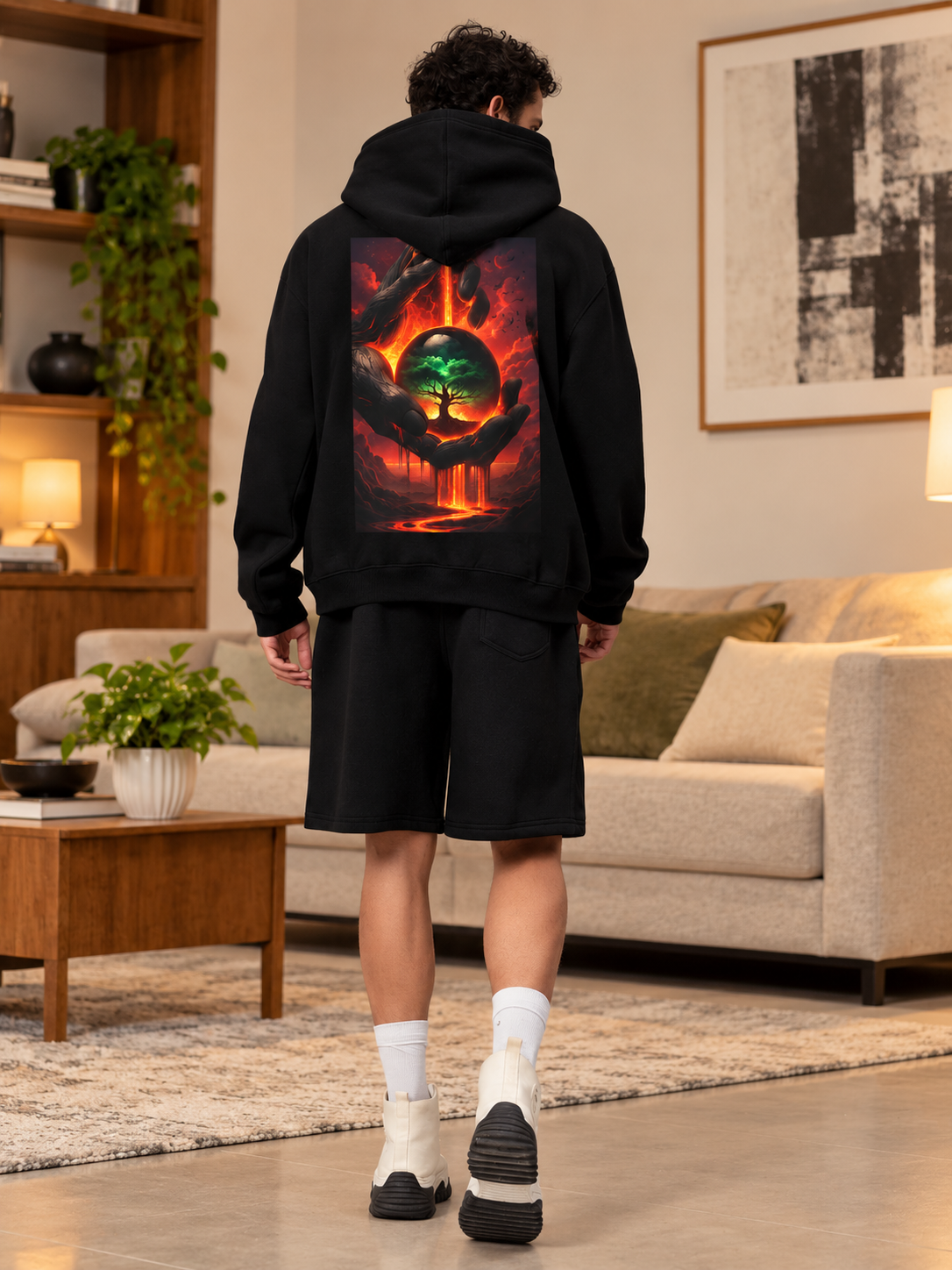 Man wearing LIFE IN THE CRUCIBLE PRINTED FLEECE CO-ORD BLACK hoodie and shorts set with bold graphic print