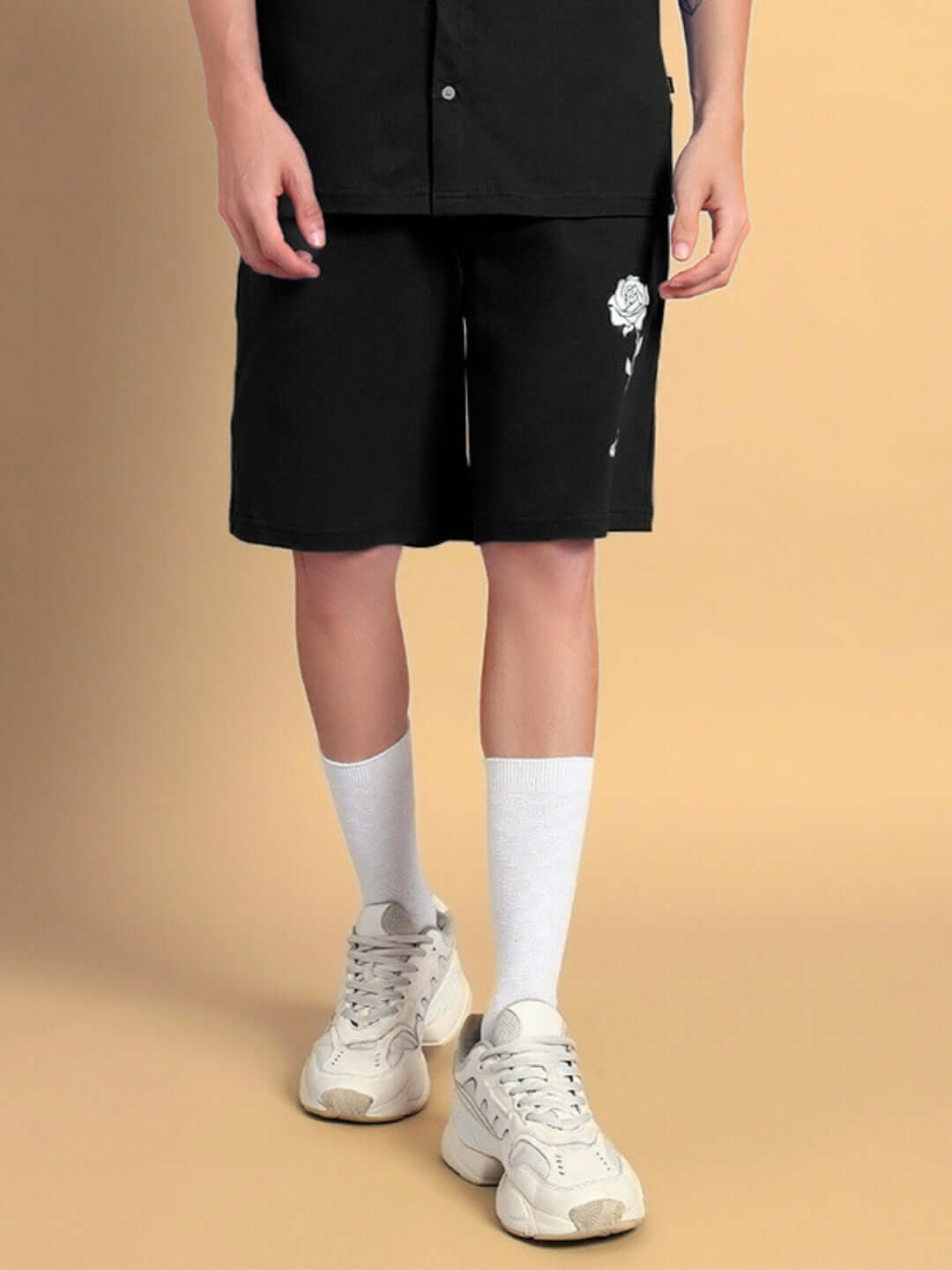 LIMBO summer black shorts with floral design, customizable fit option available for prepaid orders. Handmade with care and precision.