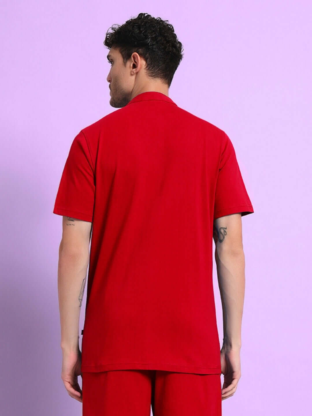 Back view of man wearing red LIMBO Regular Fit Shirt, made of premium cotton French terry lycra, 97% cotton, bio-washed. Ideal for casual wear.