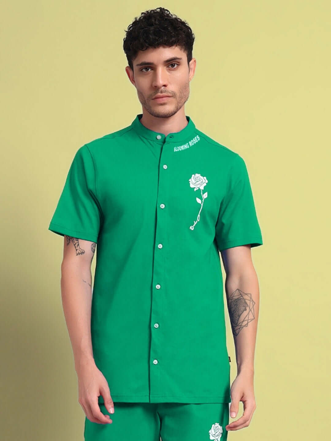 Model wearing green LIMBO Regular Fit Shirt, features heavy gauge fabric with cotton terry, showcasing a modern and stylish look.