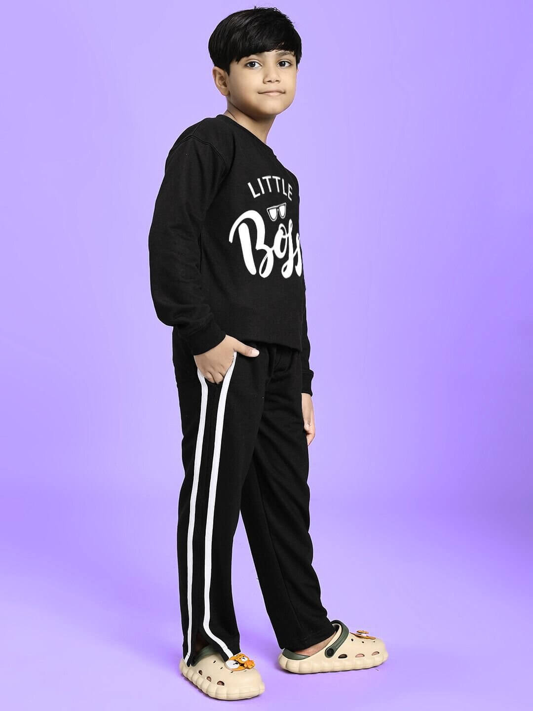 LITTLE BOSS CO-ORD FOR BOYS AND GIRLS BLACK stylish black outfit with top and pants, perfect for confident kids who love trendy fashion.
