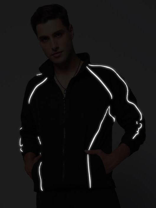 LOCO Reflector Parachute Sports Jacket in black with glowing reflective lines, tailored for custom fit options, designed by DUDS Tailors.