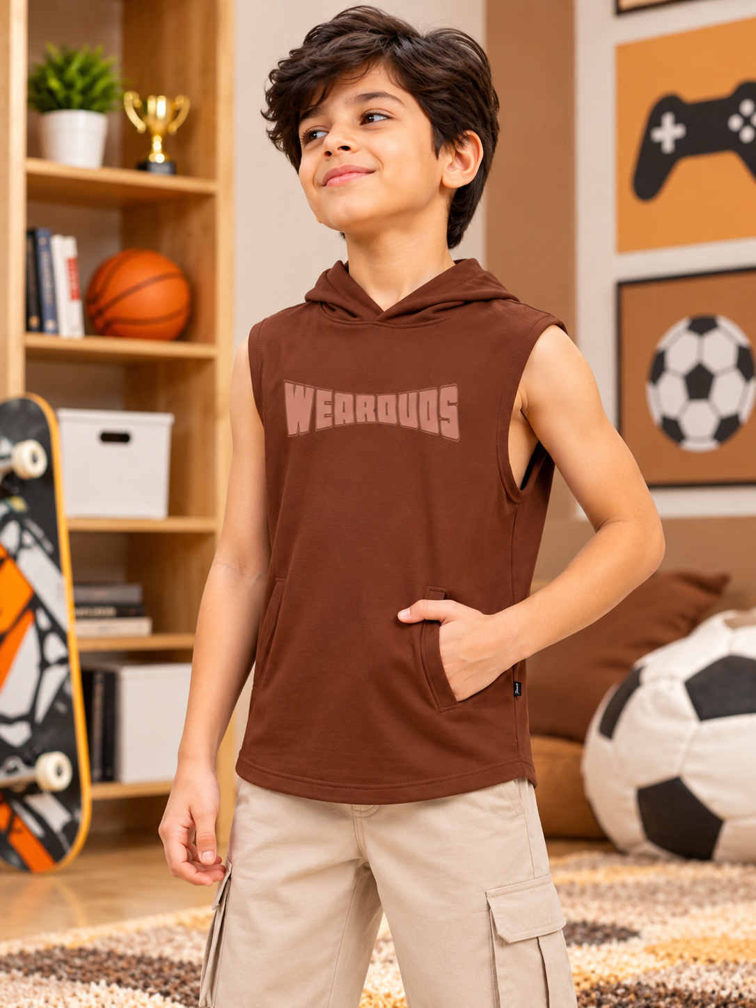 Kids Brown Logo Graphic Sleeveless T-Shirt with hood and kangaroo pocket worn by smiling boy in bedroom