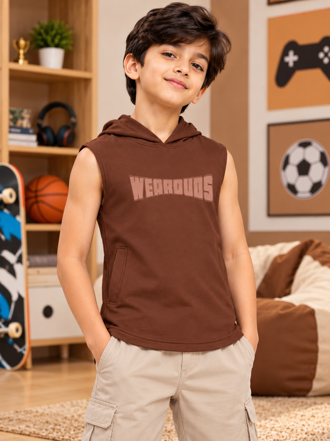 Kids Brown Logo Graphic Sleeveless T-Shirt with hood, worn by a smiling boy in a casual room with sports decor