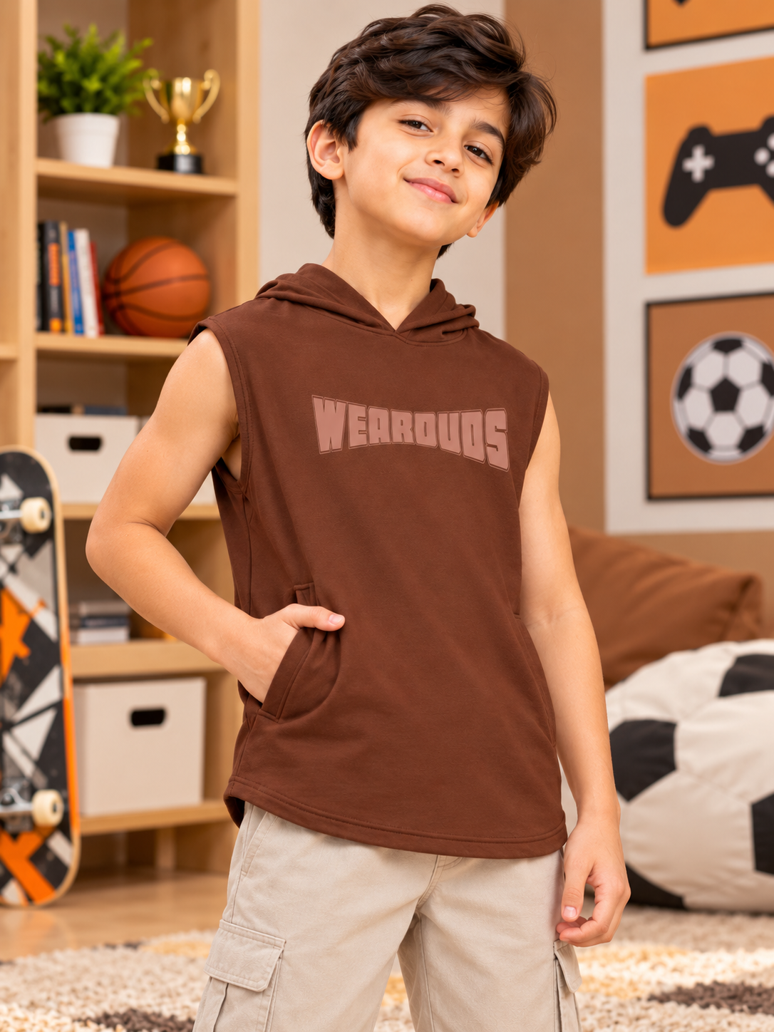 Kids Brown Logo Graphic Sleeveless T-Shirt with hood and front pocket, worn by a smiling boy in a playful bedroom setting