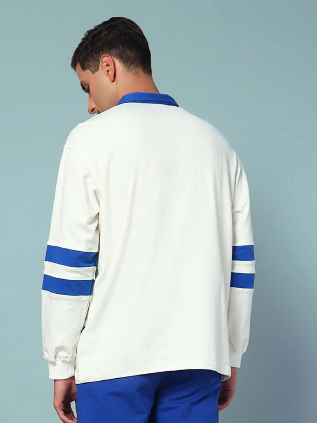 Back view of Love Dreams Oversized Sweatshirt in off white with royal blue accents, made from premium cotton French terry lycra.