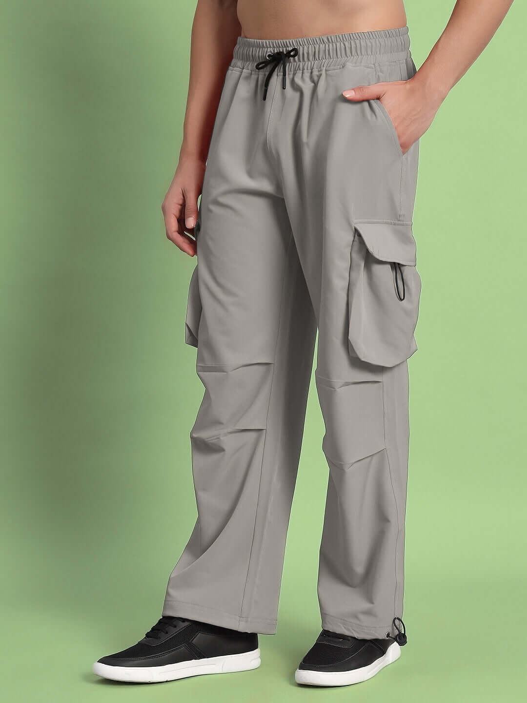 Grey Mabel relaxed fit cargo pants with large side pockets, customizable size option available.