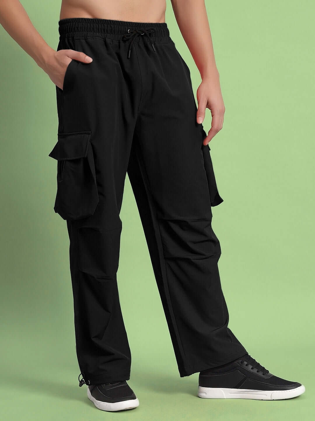 Mabel Relaxed Fit Black Cargo Pants with pockets, customized sizes available, comfortable and stylish for casual wear.