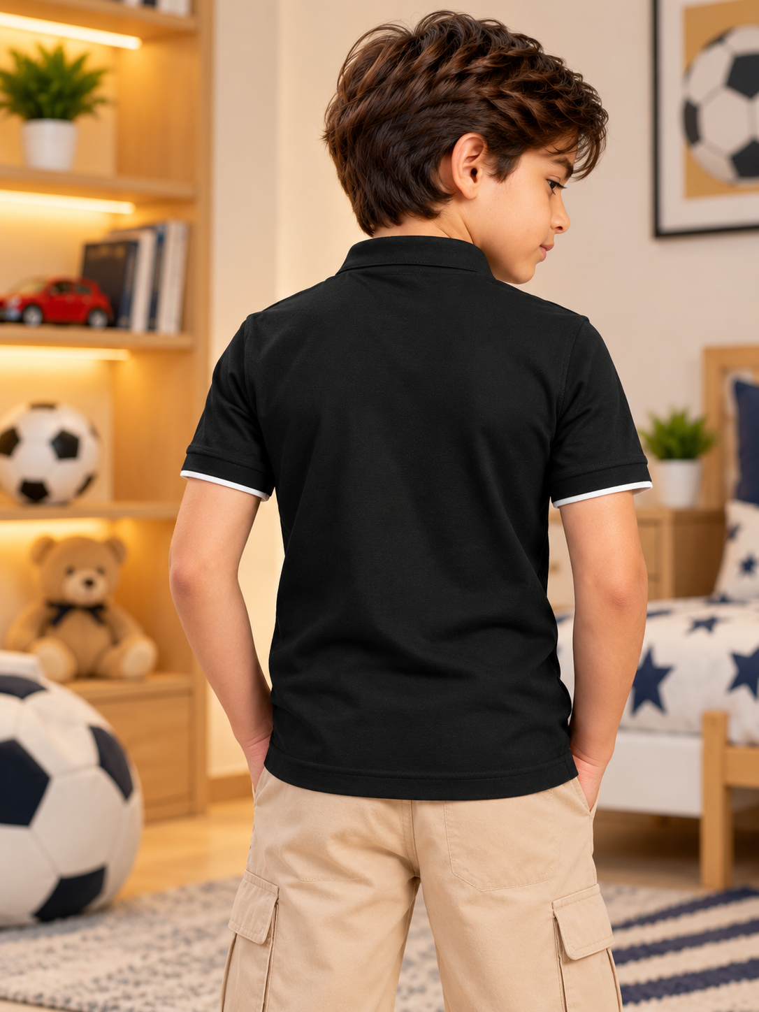 MANDARIN COLLAR POLO T-SHIRT FOR BOYS GIRLS BLACK