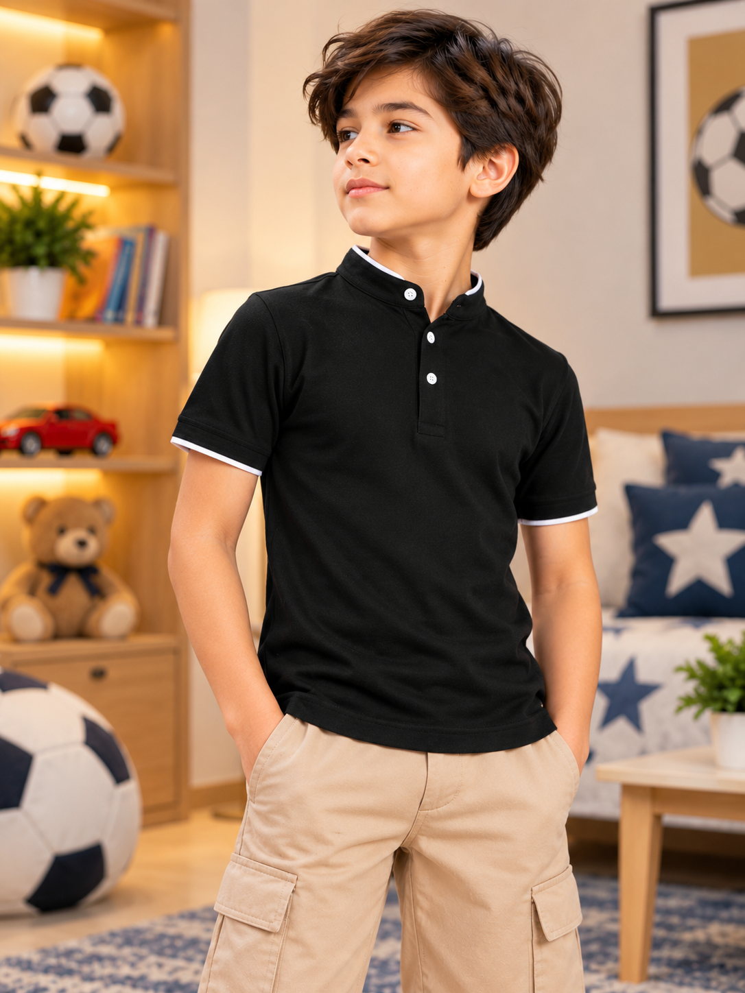 MANDARIN COLLAR POLO T-SHIRT FOR BOYS GIRLS BLACK