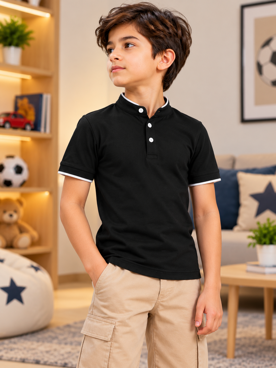 MANDARIN COLLAR POLO T-SHIRT FOR BOYS GIRLS BLACK