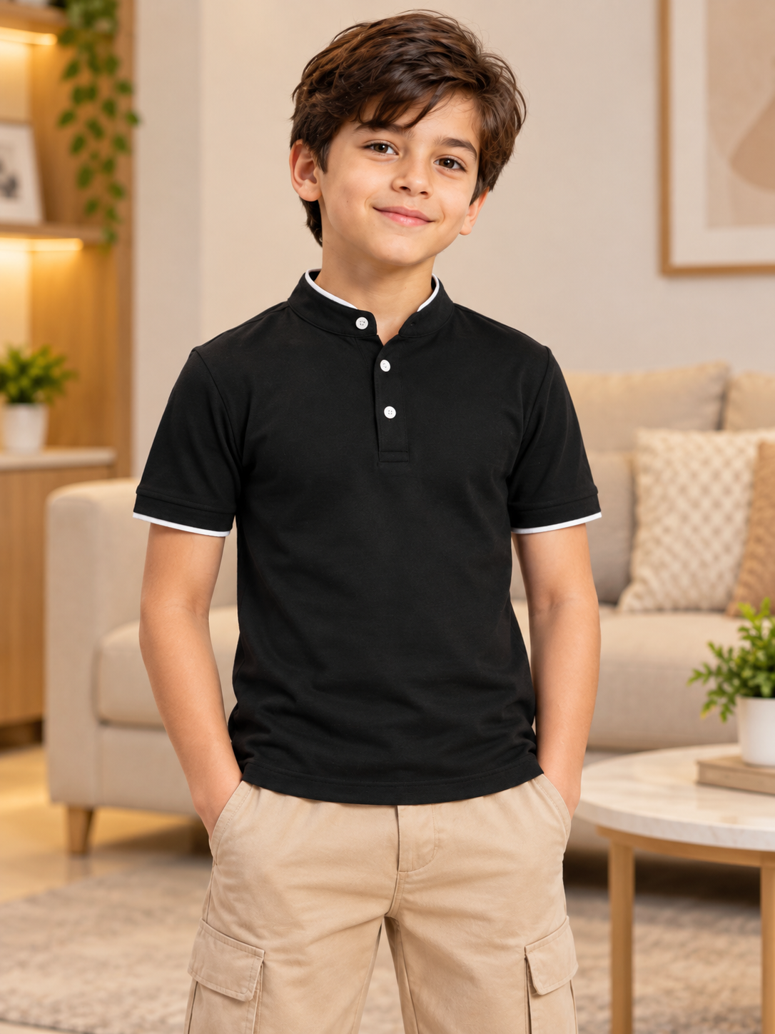 MANDARIN COLLAR POLO T-SHIRT FOR BOYS GIRLS BLACK