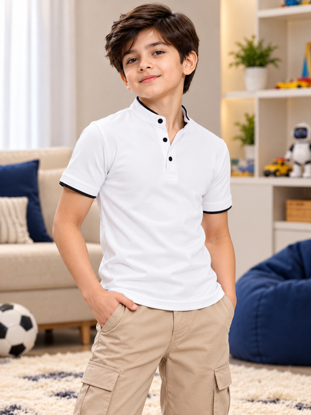 MANDARIN COLLAR POLO T-SHIRT FOR BOYS GIRLS WHITE