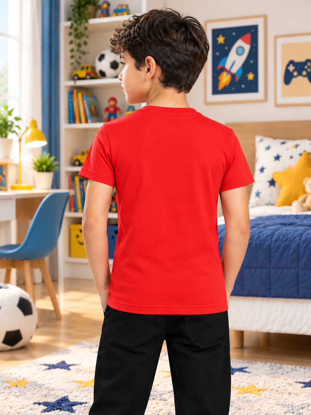 MARK REGULAR FIT T-SHIRT FOR BOYS GIRLS RED back view in kids bedroom