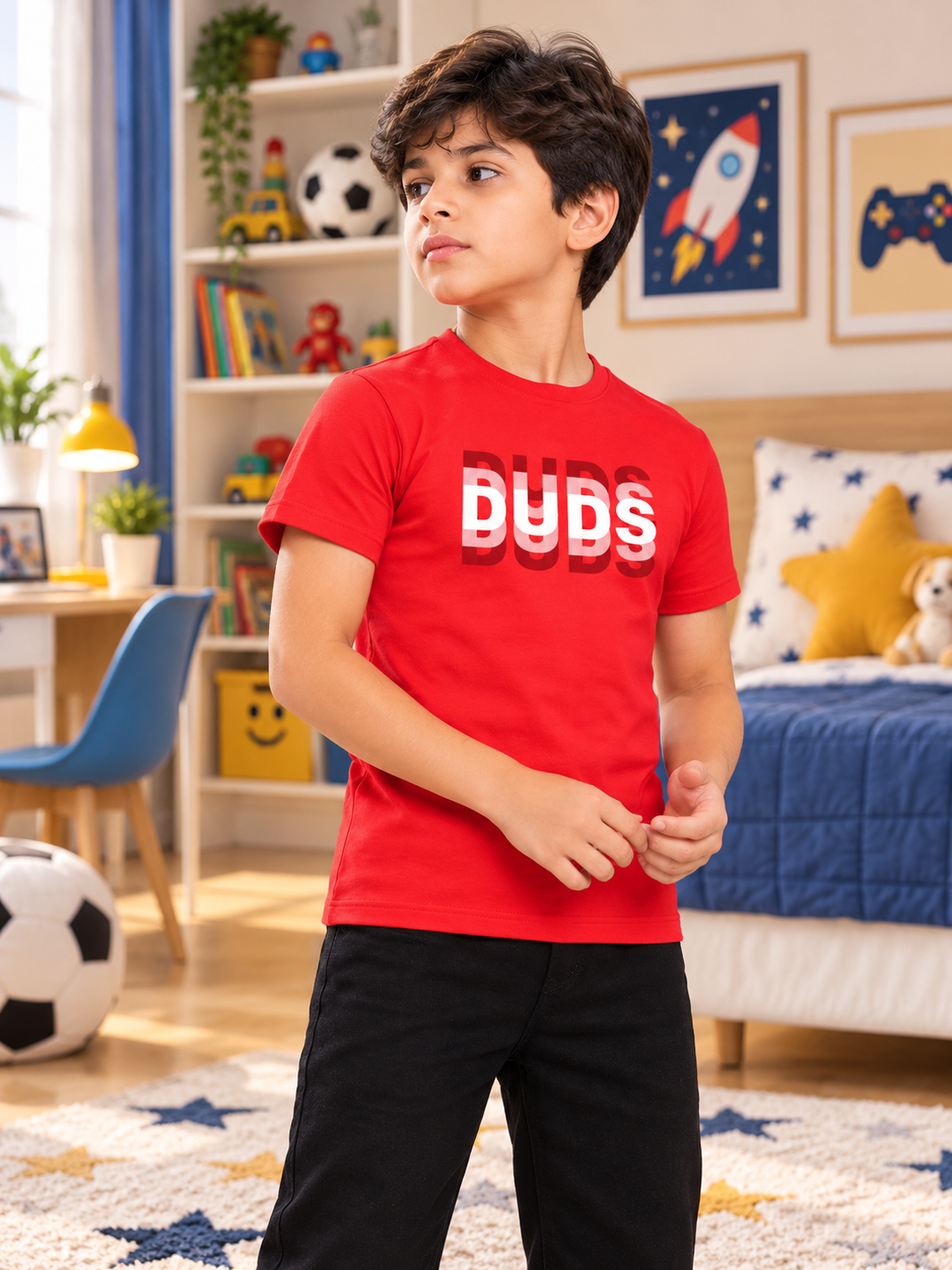 MARK REGULAR FIT T-SHIRT FOR BOYS GIRLS RED worn by boy in bedroom setting