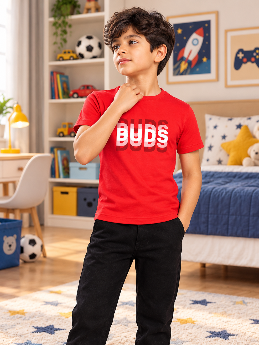 MARK REGULAR FIT T-SHIRT FOR BOYS GIRLS RED worn by boy in bedroom setting