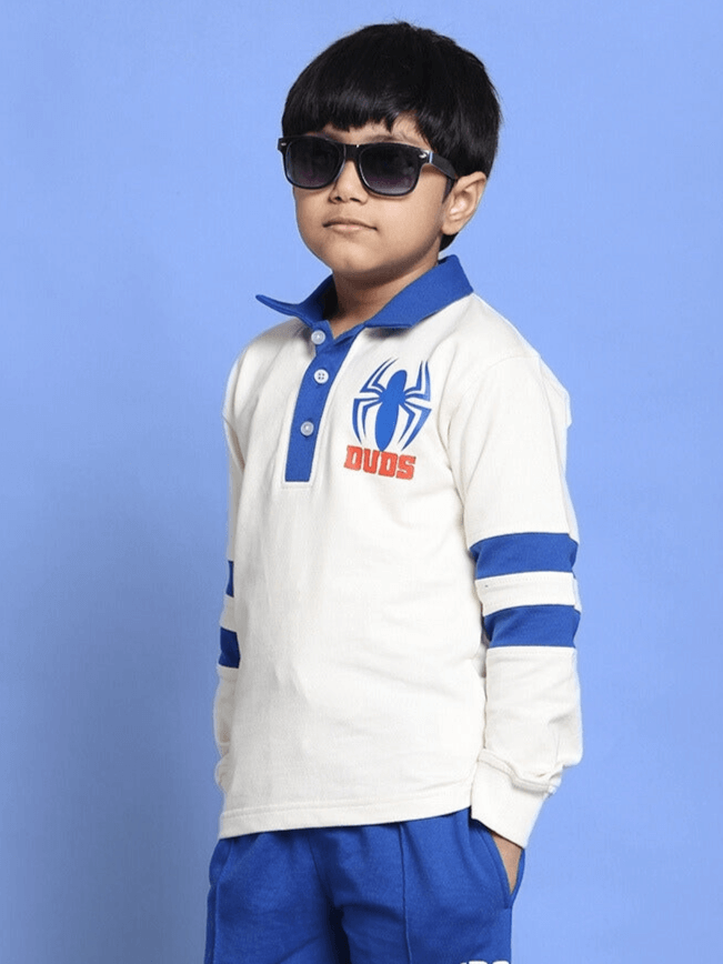 Boy wearing Marvel Oversized Sweatshirt for Boys Girls White Royal Blue with blue accents and sunglasses