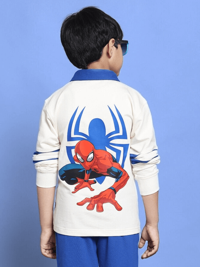 Child wearing Marvel Oversized Sweatshirt for Boys Girls White Royal Blue with Spider-Man graphic on the back.